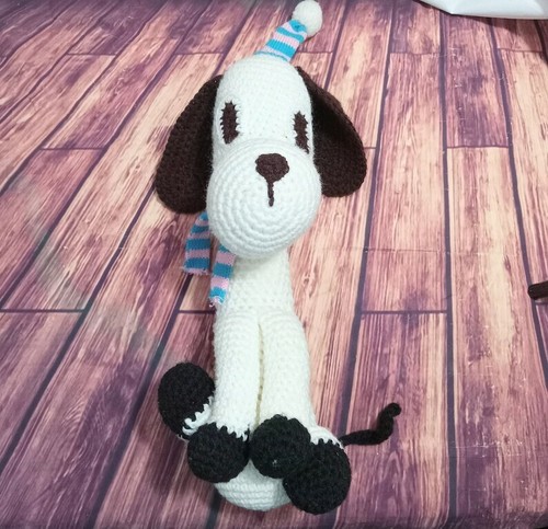 Vintage Hand Crochet White Beagle Dog Puppy Sitting 17'' Crotchet Stuffed Plush - Bild 2 von 11