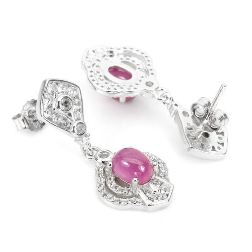 Summer 925 Silver Earrings Oval Ruby 7x5mm White Topaz Gemstone Jewelry - Picture 3 of 10