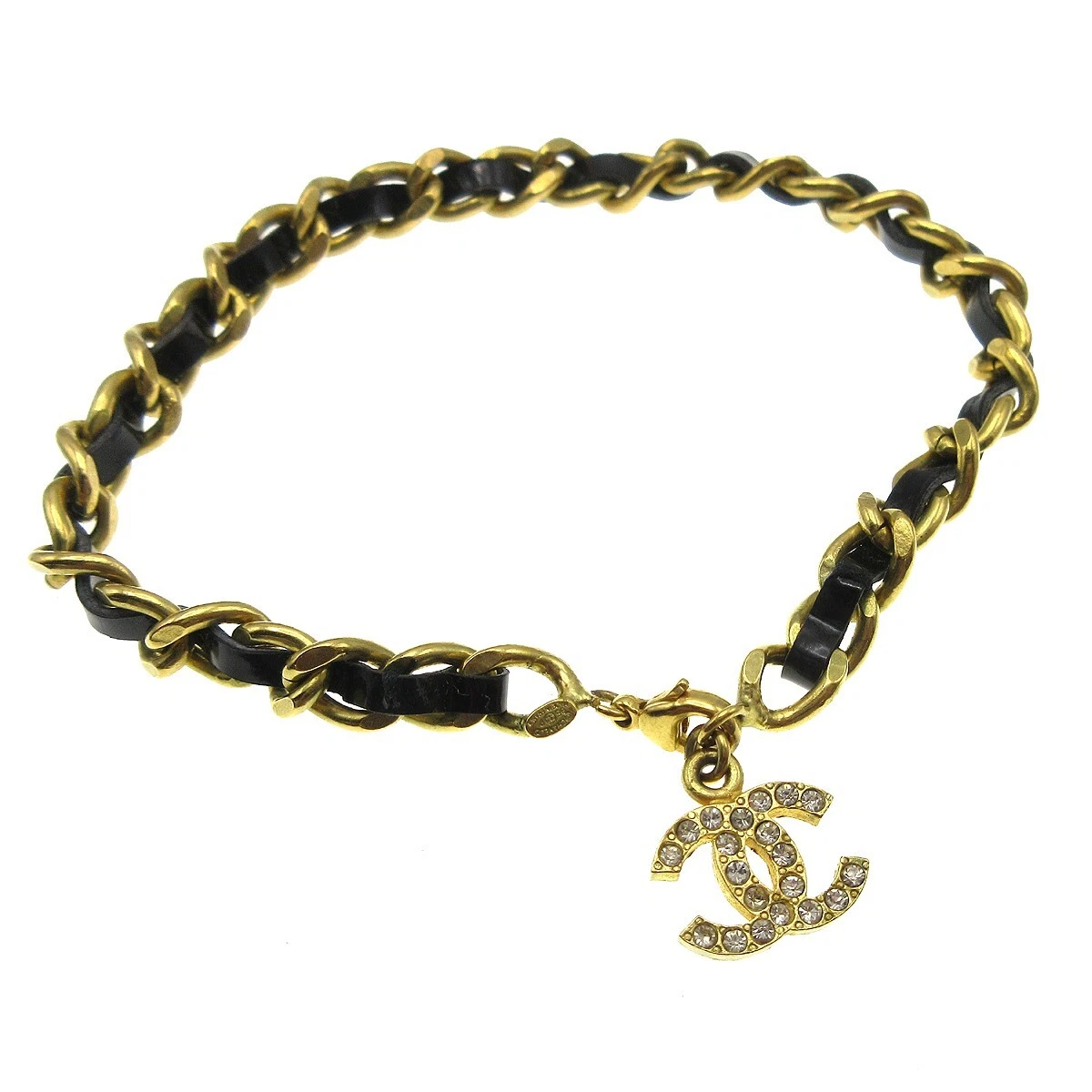 Chanel Gold-tone & Black Leather Cc Anklet in Metallic