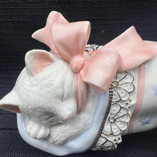 Lenox Christmas Dreams Cat Stocking 24kt Gold Pink Blue 5" Sleeping Kitten - Picture 2 of 5