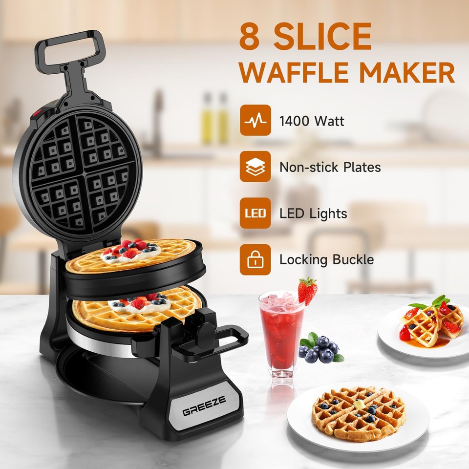 Waffle Maker, Double Belgian Waffle Maker 180°Flip, 1400W Waffle Iron 8
