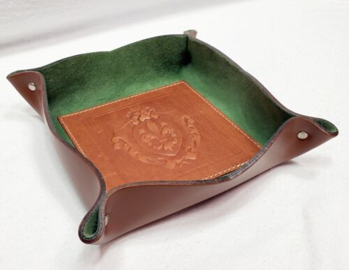 Fleur De Lis Brown Dice Valet Key Tray Made In Italy Embossed Leather D&D Magic - Picture 3 of 10