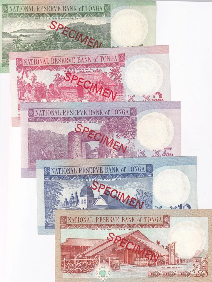 Tonga Set 5 UNC 1 2 5 10 20 Pa'anga ND 1995 P 31 32 33 34 35 SPECIMEN UNC - Image 2 of 4