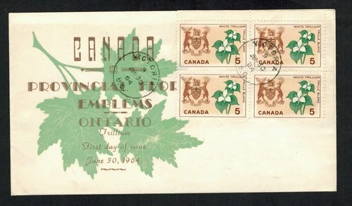 Canada #418, 1964 Ontario Floral Emblems block of 4, Unknown FDC