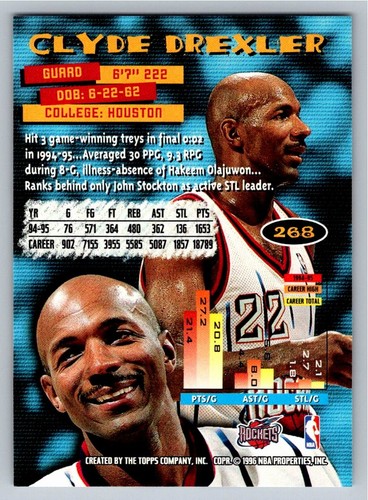 Clyde Drexler 1995-96 Stadium Club BASKETBALL #268 Houston Rockets - Picture 2 of 2
