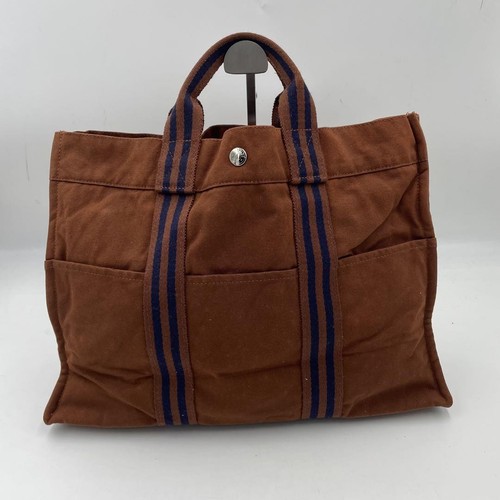Hermes Furtu Tote Bag Silver Button Canvas Brown A4 Size Stylish Design - Picture 5 of 10
