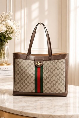 Authentic Gucci Ophidia GG Supreme Canvas Large Tote Bag Web Stripe Shoulder Bag