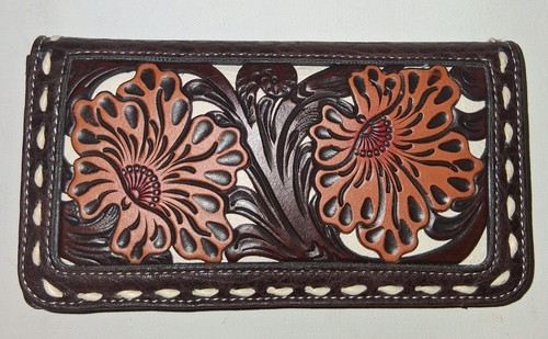 Nocona Men's/Women's Floral Embossed Tooled Leather Brown/White Wallet & Checkbk