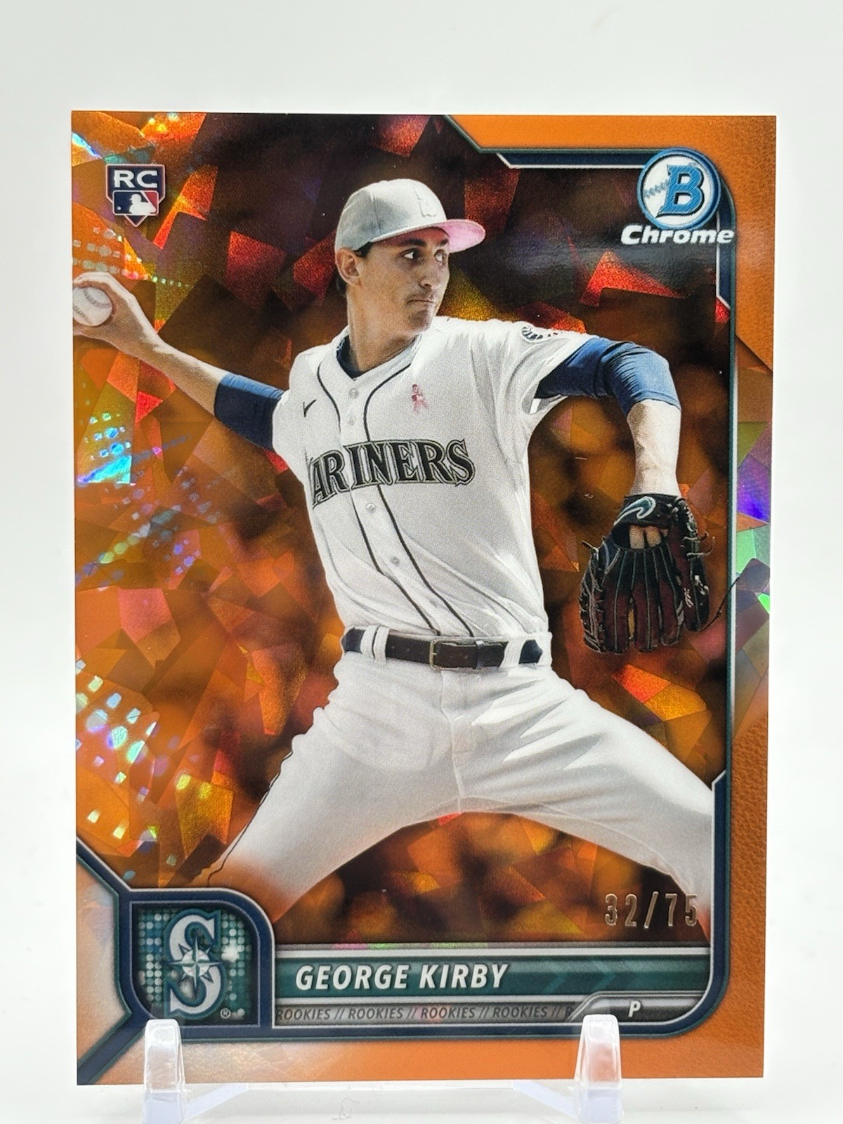 2022 BOWMAN CHROME SAPPHIRE GEORGE KIRBY ORANGE REFRACTOR /75 CARD #34 RC ROOKIE