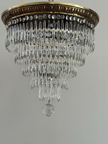 Antique Vintage Brass Crystal Flush Mount Wedding Cake Chandelier - 2 Available - Picture 7 of 13
