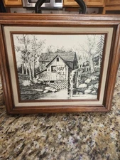 H. Hargrove Signed Serigraph – 13x12 Framed Oil Painting, Black & White Mill