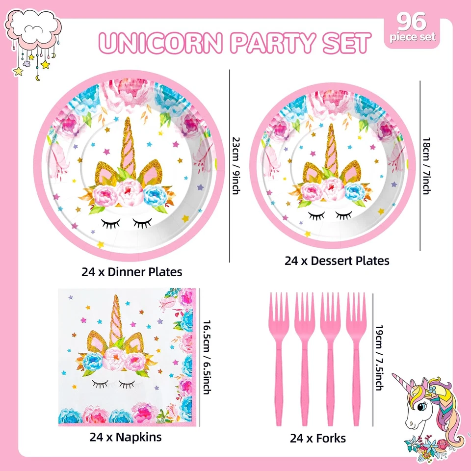 Juego de servilletas platos unicornio 96 piezas para suministros de fiesta de cumpleaños sirve 24 Foto 2 de 4