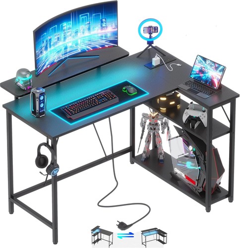 L-förmiger Gaming Schreibtisch 100x80cm mit Monitorablage, LED-Leuchten & Steckdosen