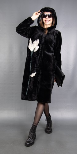 15731 NEW GLAMOROUS REVERSIBLE SHEARED LAMB COAT FUR HOOD LONG BEAUTIFUL SIZE M - Picture 4 of 21