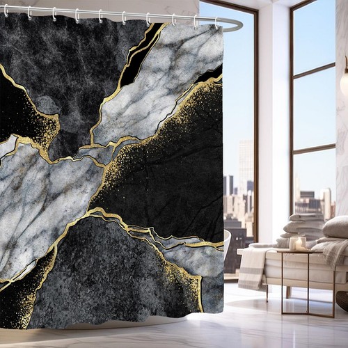 Gold Black Marble Shower Curtain, Black Grey Luxury Modern Abstract Shower Cu... - Picture 2 of 8