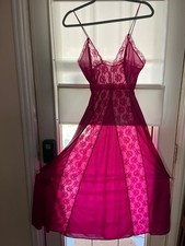 Stunning Fuchsia Nylon Med Sweep Gown w Lace Insets Vintage Wedding Night S