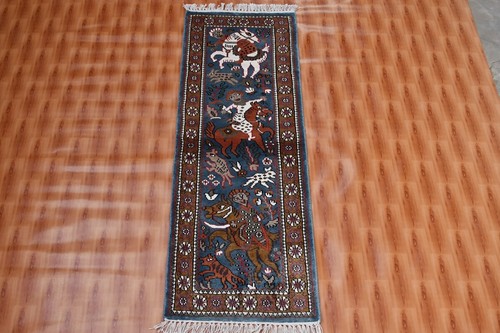 1.6x4 ft Afghan Silk Oriental Decor Sky Blue Hunting Carpet Hand Knotted Rug - Picture 2 of 5