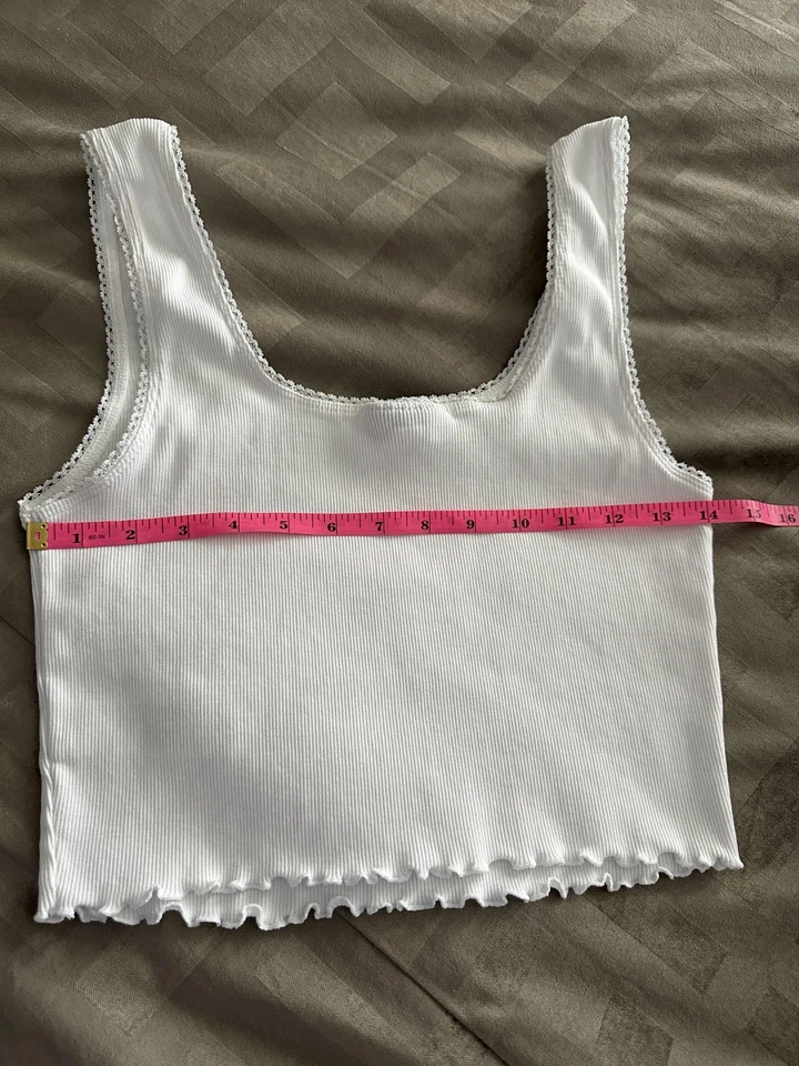 Camiseta sin mangas Topshop para mujer EE. UU. 8 blanca acanalada borde lechuga algodón elástico estilo Y2K Foto 4 de 4