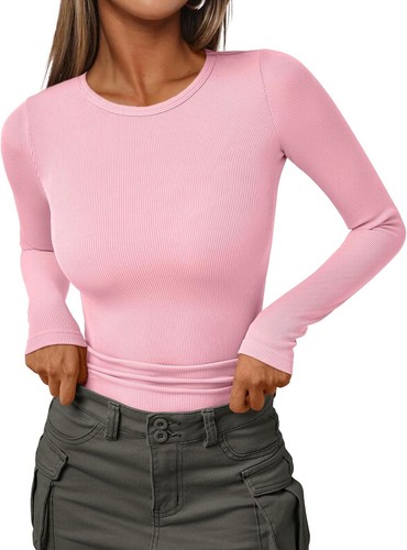Women's Ribbed Crewneck Underscrub Tops - Slim Fit Layering T-Shirts - Picture 18 of 44