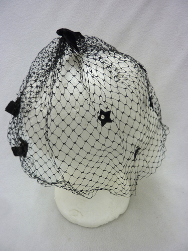 VINTAGE BLACK VEIL TULLE NETTING VELVET BOWS RHINESTONE STARS HAIR COVER - Picture 3 of 6