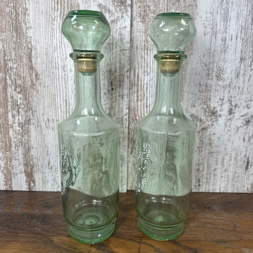 Vintage 1960s MCM Green Glass Hand Painted Cherry Blossom Decanters w/Lids Lot 2 - Picture 5 of 16