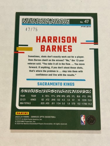 Donruss Optic Harrison Barnes 42/75 Red Glitter Prizm Kings SP 2023-24 - Imagen 2 de 2