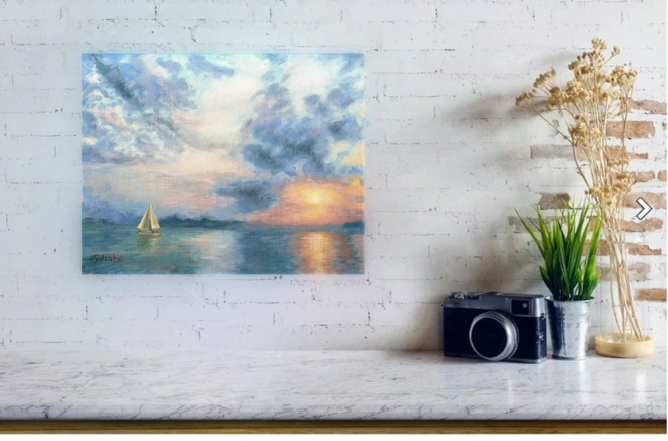 Signed Fine Art Canvas Print 12"x16" Ocean Sunset Painting Seascape Boat Yacht - Image 2 of 4