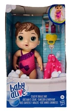 Baby Alive Splash 'n Snuggle Baby Doll Brown Hair Green Eyes NEW