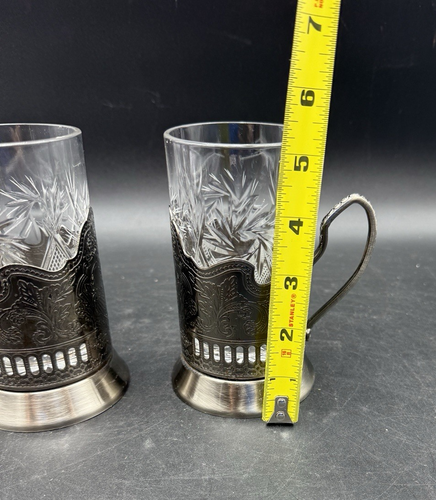 Set of 2 Metal Glass Holder Soviet Podstakannik With Crystal Tumblers - Picture 14 of 14