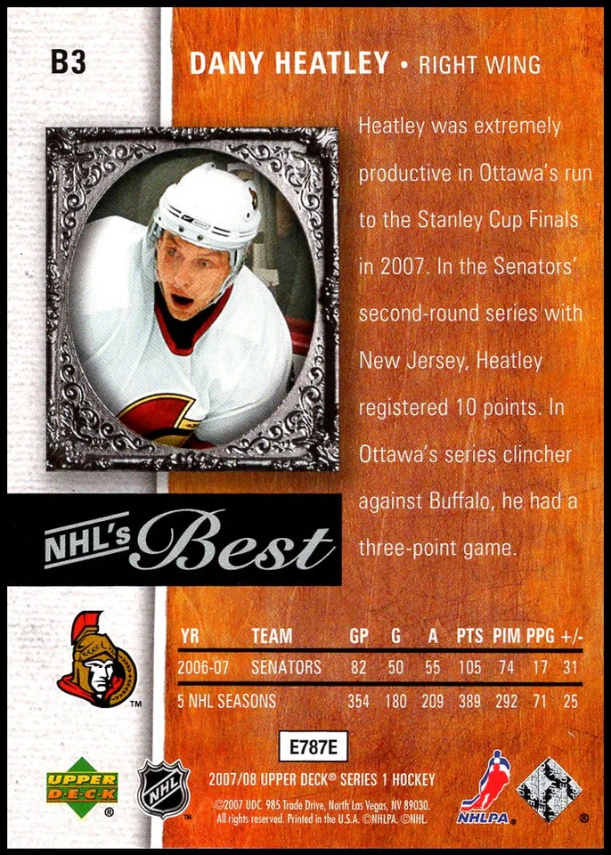 2007-08 UD Upper Deck #B3 Dany Heatley - NHL's Best FREE SHIPPING! - Image 2 of 2