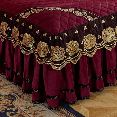 Embroidery Lace Velvet Bed Skirt Sheet Quilted King Queen with Two Pillow Covers - Picture 4 of 54