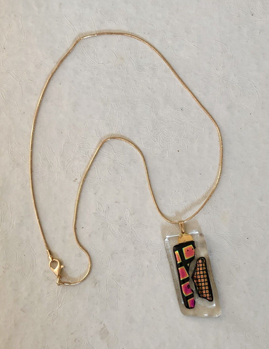 DICHROIC Fused Art Glass Foil Metallic Colors Pendant Necklace on Gold Chain - Picture 3 of 4