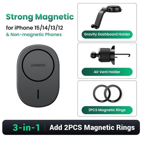 UGREEN 15W Magnetic Wireless Car Charger 3-in-1 Phone Holder For iPhone 16 15 14 - Picture 10 of 14