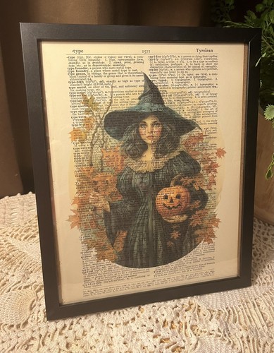 Gerahmter Halloween Kunstdruck auf Vintage 1957 Wörterbuch Seite #8 Hexe - Bild 1 von 3