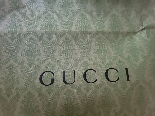 GUCCI Authentic Paper Shopping Gift Bag Tote Green Damask Print Embossed 19x14x7 - Picture 2 of 6