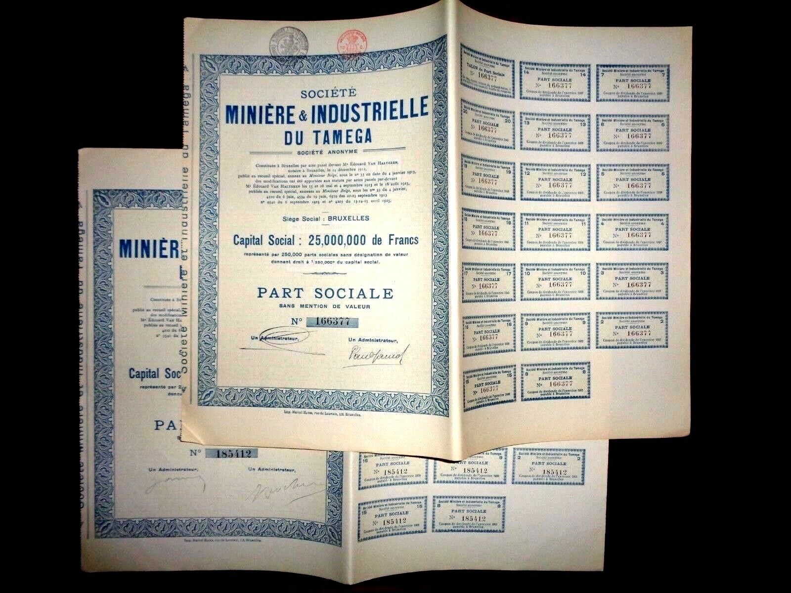 Minera & Industrielle du Tamega, Portugal, certificado de acciones 1925 X 2