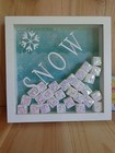 SNOW Wall Plaque Shadow Box with Glitter Cubes 9" x 9" White Wood Blue Purple
