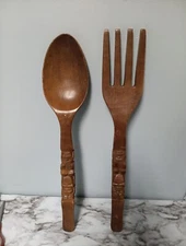 Mid Century, Hand Carved Wooden Tiki Fork And Spoon Set