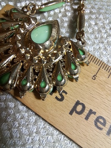 Bollywood Style Gold Tone Pierced Pendant Earrings with Light Green Faux Stone - Picture 15 of 17