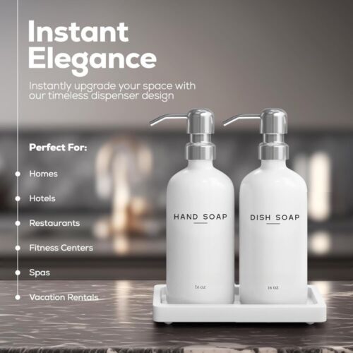 White Glass Hand and Dish Soap Dispenser Set, Kitchen Soap Dispenser Set - Picture 2 of 5