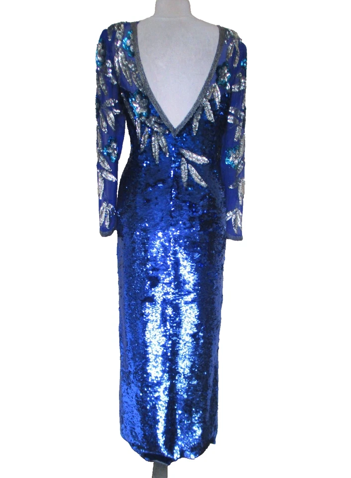 Maxi Vestido de Noche Vintage NiteLine Talla 8 Mujer Azul Plata Lentejuelas Seda Foto 4 de 4