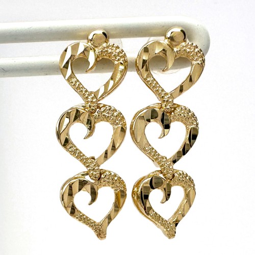 Pendientes con poste de triple corazón con bisagras y ondulados en oro de 14K, 1-1/8" de largo y 3,6 gramos - Imagen 2 de 11