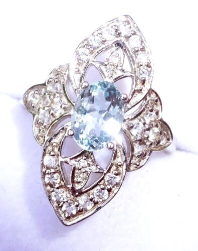 Large 9ct White Gold Aquamarine, White Topaz & Diamond Cocktail Ring, Size N1/2 - Picture 2 of 13