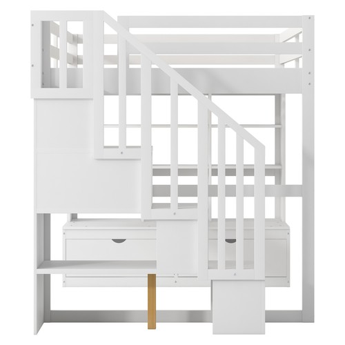Full Size Loft Bed with Desk & Shelves, Two Built-in Drawers, Storage Staircase - Picture 12 of 12