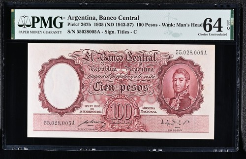 Argentina Banco Central 1935 100 Pesos P-267b PMG 64 EPQ Choice UNC Only 2 Finer