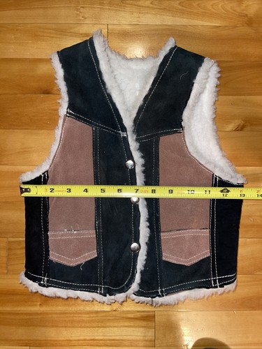 Boy's Vtg Brown Black Sherpa Lined Trucker Vest Made in Mexico Leather Sz 8 - Picture 5 of 6