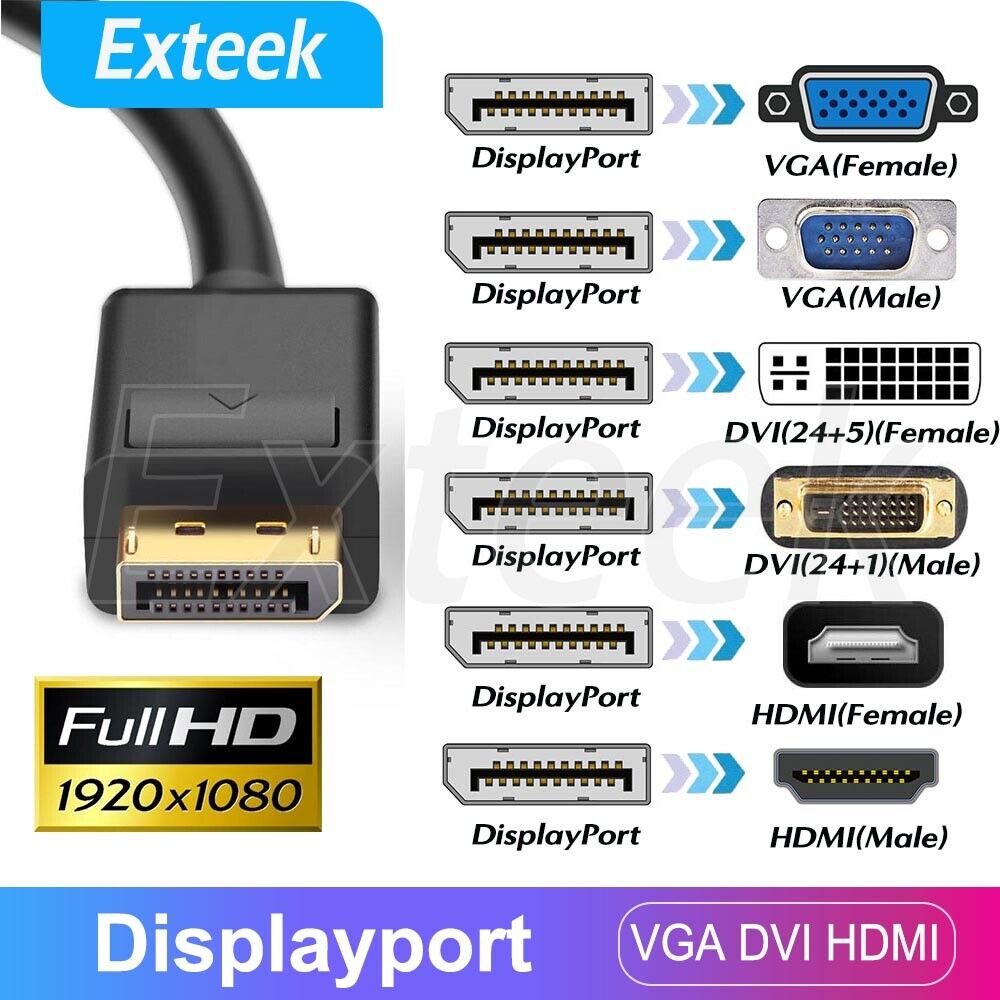 Displayport DP Male to VGA DVI HDMI Female Display Port Converter Adapter  Cable