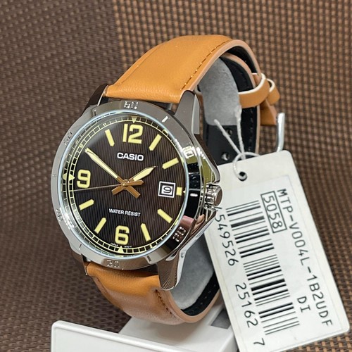Casio MTP-V004L-1B2 schwarzes Zifferblatt Analog braun Leder Quarz Herren Dress Watch - Bild 2 von 14