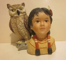 Vintage 1989 Perillo Native American Girl + Owl "Small and Wise" Ceramic Painted