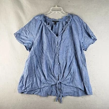 Lane Bryant Linen Cotton Blend Top Womens 18 Blue Front Tie Peasant Coastal
